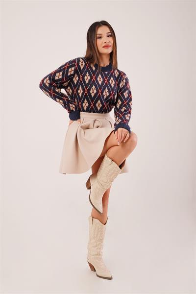 Mini Baklava Desenli Lacivert Triko Kazak