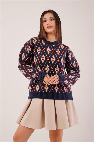 Mini Baklava Desenli Lacivert Triko Kazak