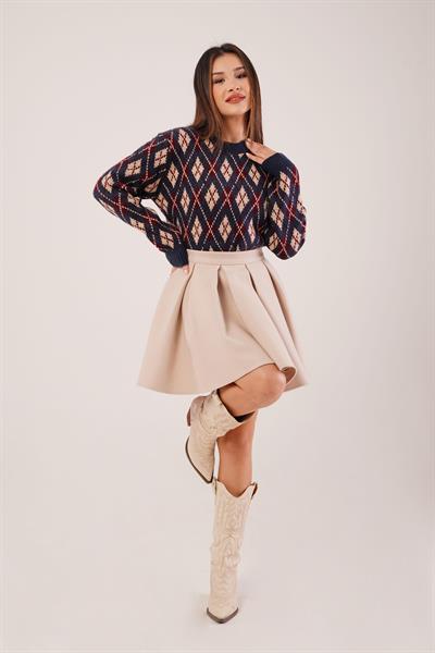 Mini Baklava Desenli Lacivert Triko Kazak