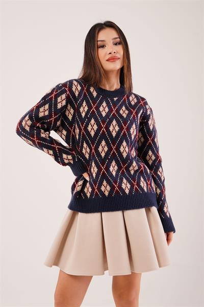 Mini Baklava Desenli Lacivert Triko Kazak