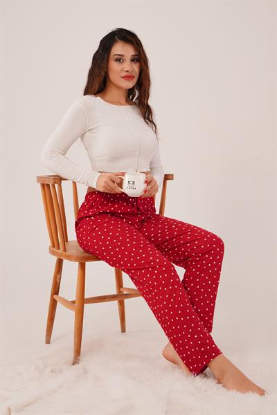 Mini Kalp Desenli Bordo Süet Pijama Altı
