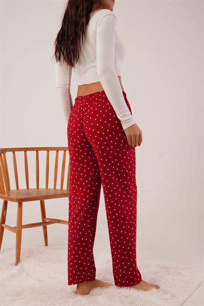 Mini Kalp Desenli Bordo Süet Pijama Altı