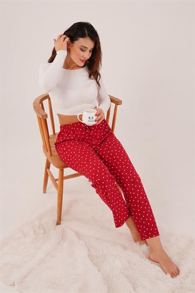 Mini Kalp Desenli Bordo Süet Pijama Altı