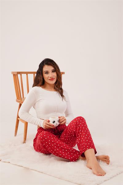Mini Kalp Desenli Bordo Süet Pijama Altı