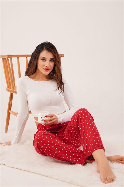 Mini Kalp Desenli Bordo Süet Pijama Altı