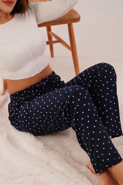 Mini Kalp Desenli Lacivert Süet Pijama Altı