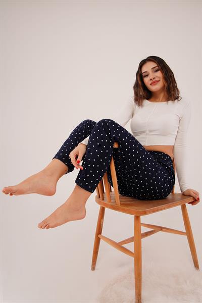 Mini Kalp Desenli Lacivert Süet Pijama Altı