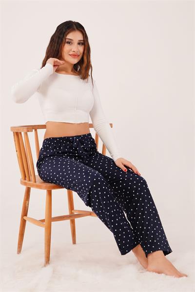 Mini Kalp Desenli Lacivert Süet Pijama Altı