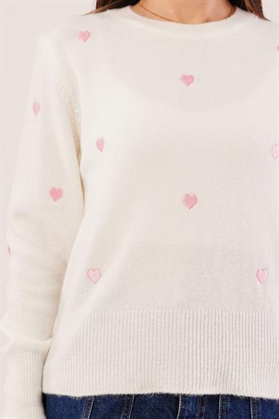 Mini Pembe Kalp Nakışlı Triko Kazak