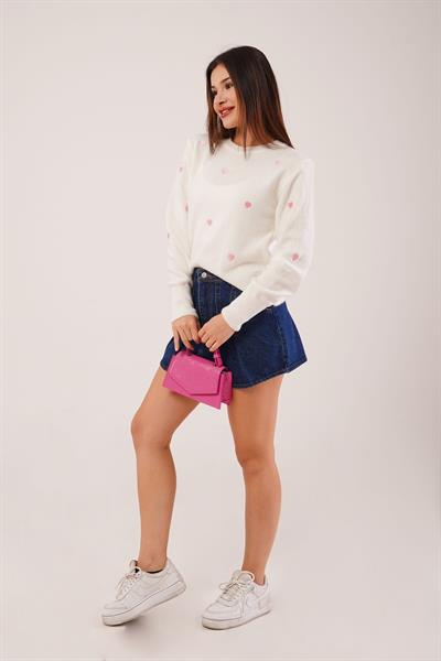 Mini Pembe Kalp Nakışlı Triko Kazak