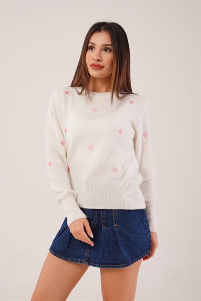 Mini Pembe Kalp Nakışlı Triko Kazak