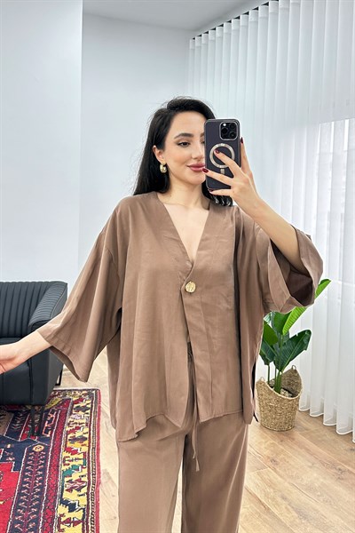 Modal Tek Düğme Kapamalı Oversize Kahve İkili Takım
