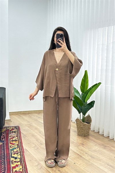 Modal Tek Düğme Kapamalı Oversize Kahve İkili Takım