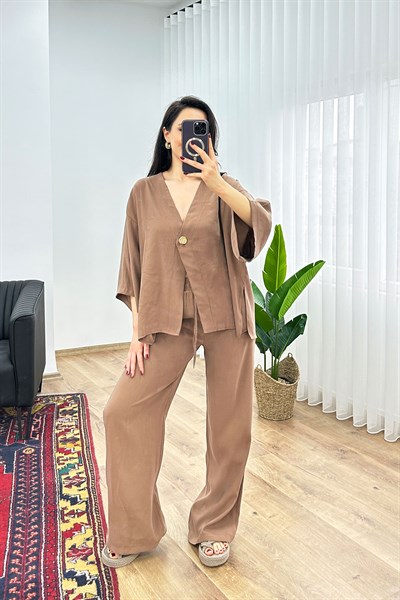 Modal Tek Düğme Kapamalı Oversize Kahve İkili Takım