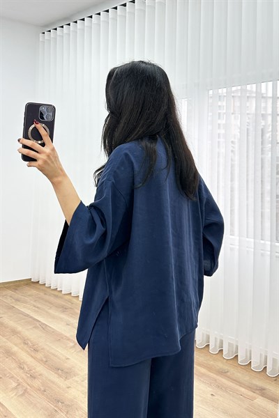 Modal Tek Düğme Kapamalı Oversize Lacivert İkili Takım
