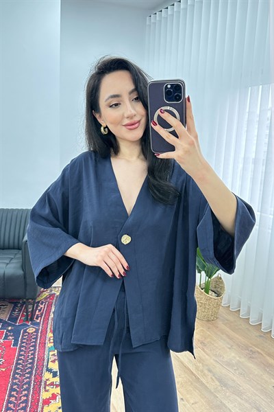 Modal Tek Düğme Kapamalı Oversize Lacivert İkili Takım