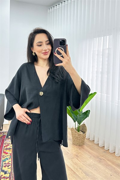 Modal Tek Düğme Kapamalı Oversize Siyah İkili Takım