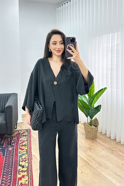Modal Tek Düğme Kapamalı Oversize Siyah İkili Takım