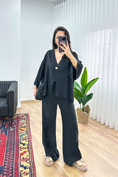 Modal Tek Düğme Kapamalı Oversize Siyah İkili Takım