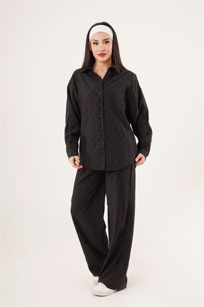 Kendinden Benek Desenli Gömlek ve Pantolon Siyah İkili Takım