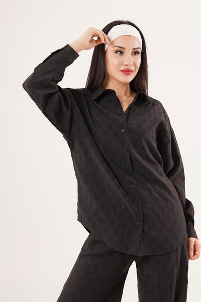 Kendinden Benek Desenli Gömlek ve Pantolon Siyah İkili Takım