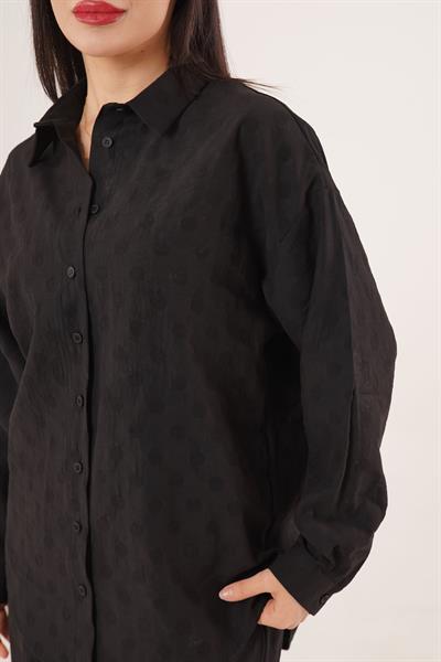 Kendinden Benek Desenli Gömlek ve Pantolon Siyah İkili Takım