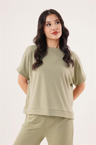 Modal Kısa Kollu Üst ve Geniş Paça Eşofman İkili Haki Takım