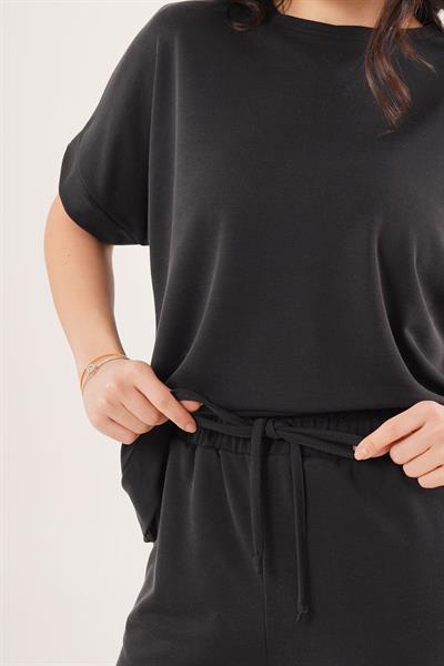Modal Kısa Kollu Üst ve Geniş Paça Eşofman İkili Siyah Takım	
