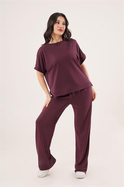 Modal Kısa Kollu Üst ve Geniş Paça Eşofman İkili Mürdüm Takım	