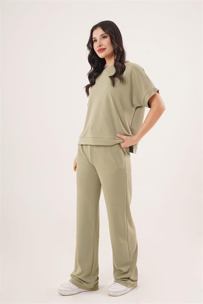 Modal Kısa Kollu Üst ve Geniş Paça Eşofman İkili Haki Takım