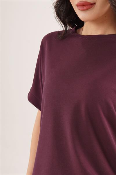 Modal Kısa Kollu Üst ve Geniş Paça Eşofman İkili Mürdüm Takım	