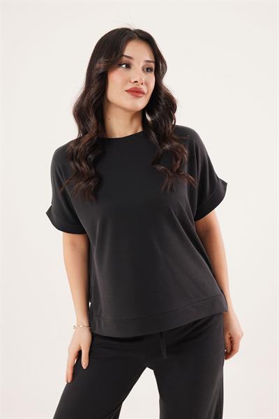 Modal Kısa Kollu Üst ve Geniş Paça Eşofman İkili Siyah Takım	