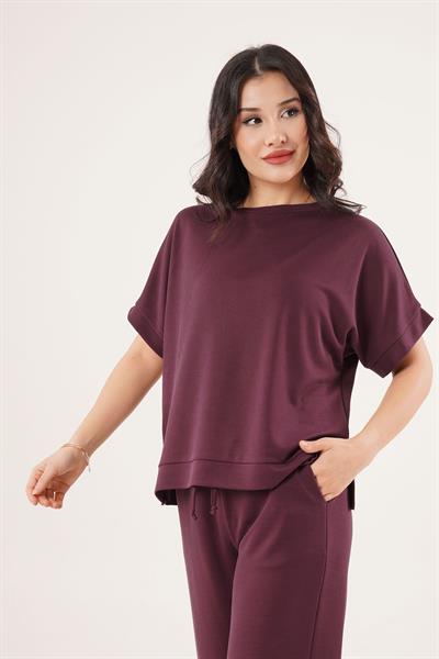 Modal Kısa Kollu Üst ve Geniş Paça Eşofman İkili Mürdüm Takım	