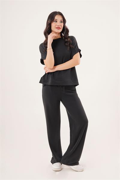Modal Kısa Kollu Üst ve Geniş Paça Eşofman İkili Siyah Takım	