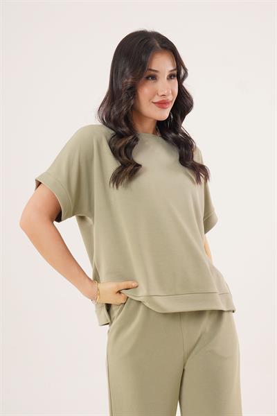 Modal Kısa Kollu Üst ve Geniş Paça Eşofman İkili Haki Takım