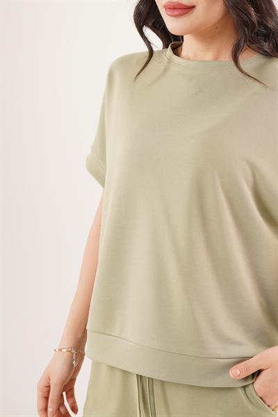 Modal Kısa Kollu Üst ve Geniş Paça Eşofman İkili Haki Takım