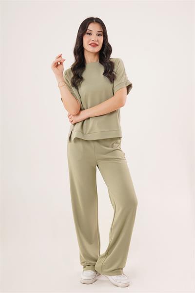 Modal Kısa Kollu Üst ve Geniş Paça Eşofman İkili Haki Takım