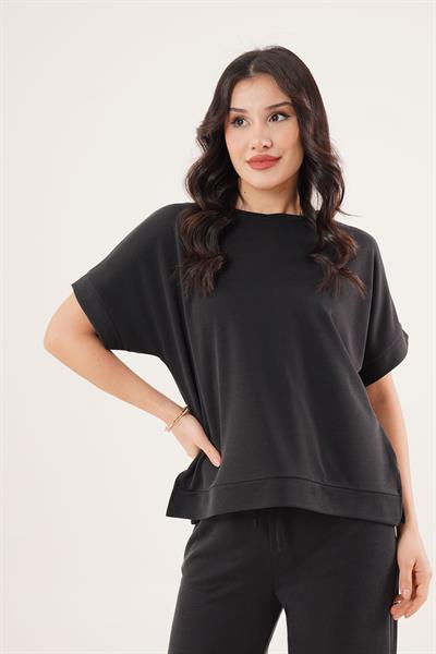 Modal Kısa Kollu Üst ve Geniş Paça Eşofman İkili Siyah Takım	