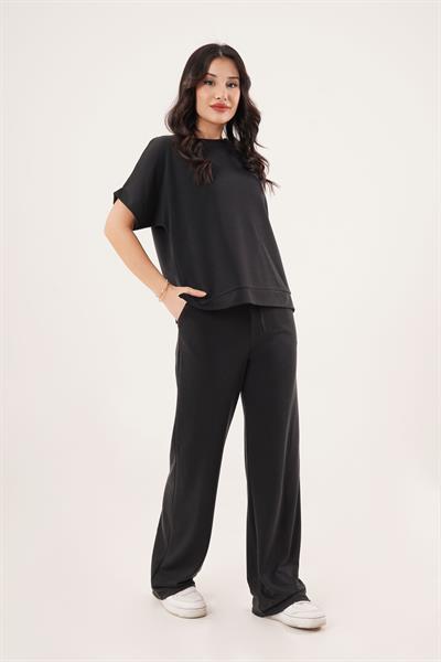 Modal Kısa Kollu Üst ve Geniş Paça Eşofman İkili Siyah Takım	
