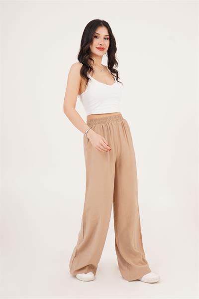 Bel Lastikli Çift Cepli Camel Pantolon	