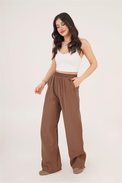 Bel Lastikli Çift Cepli Kahverengi Pantolon	