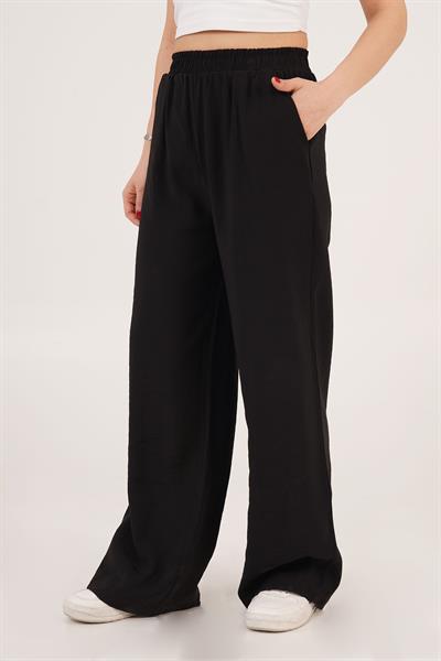Bel Lastikli Çift Cepli Siyah Pantolon	