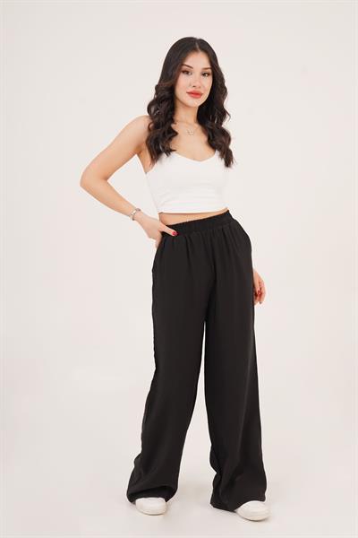 Bel Lastikli Çift Cepli Siyah Pantolon	