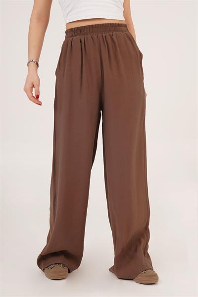 Bel Lastikli Çift Cepli Kahverengi Pantolon	
