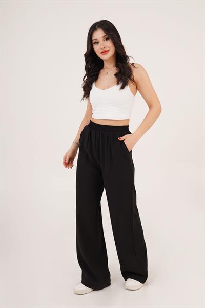Bel Lastikli Çift Cepli Siyah Pantolon	