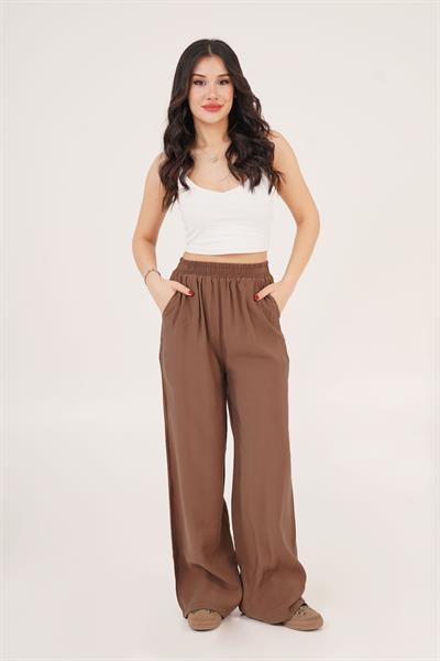 Bel Lastikli Çift Cepli Kahverengi Pantolon	