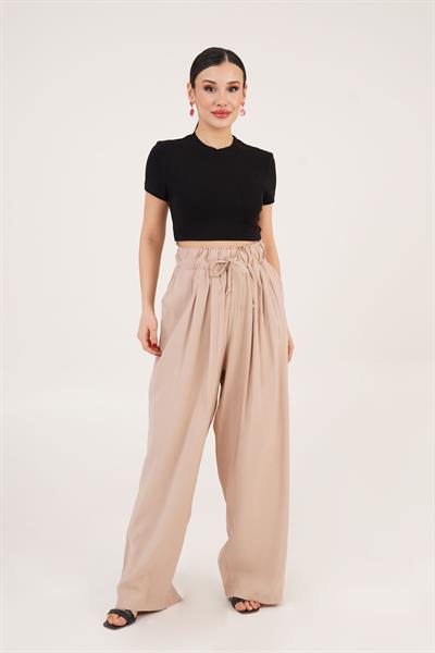 Belden Bağlama Detay Geniş Paça Vizon Pantolon