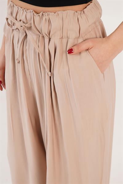 Belden Bağlama Detay Geniş Paça Vizon Pantolon