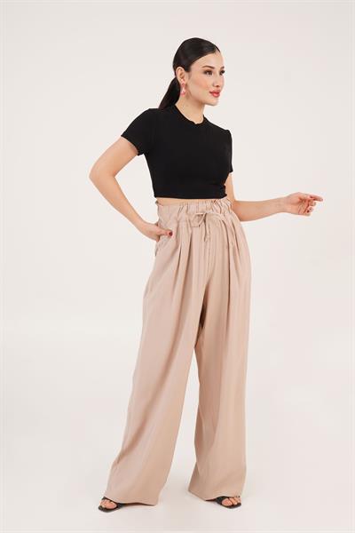 Belden Bağlama Detay Geniş Paça Vizon Pantolon