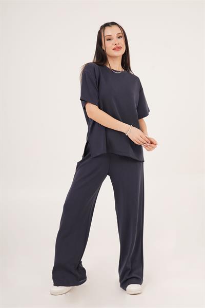 Bel Bağlama Detaylı ve Salaş Tişört Modal Lacivert Takım